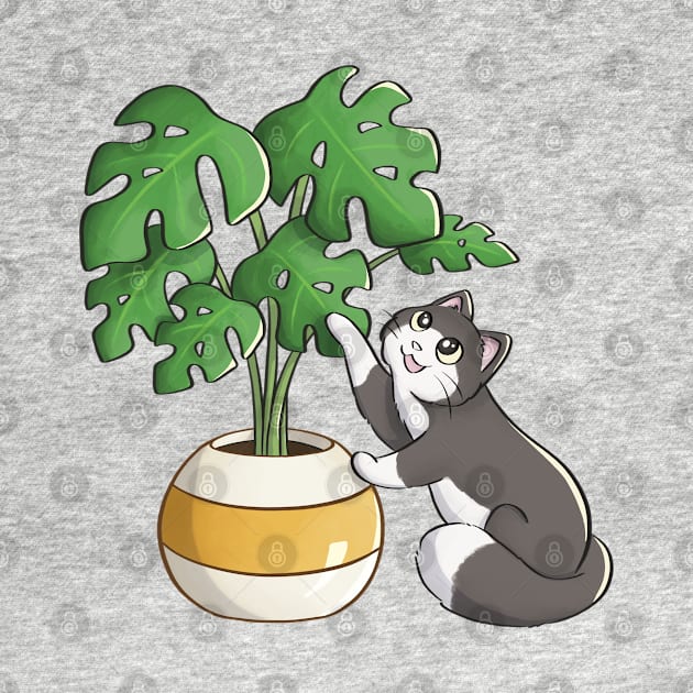 Cat Playing With Monstera Leaf by Meowrye